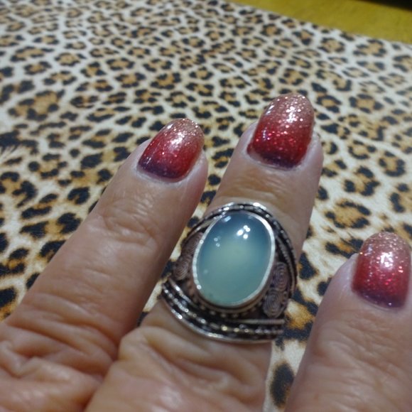 Ornate "BLUE CHALCEDONY" Handmade Sterling Ring Size 7.5 #167B - Picture 3 of 3